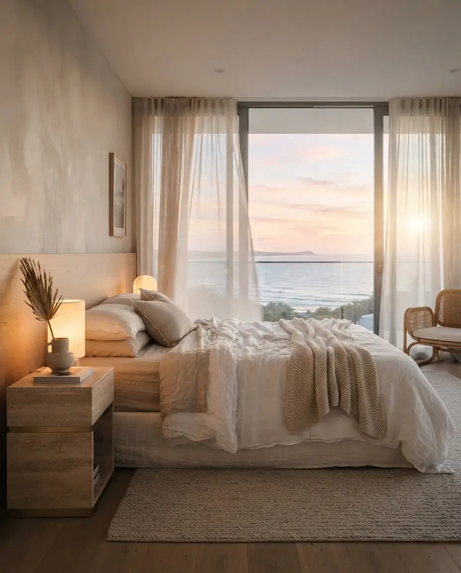 Serene primary bedroom with ocean view in a private South East Queensland residence