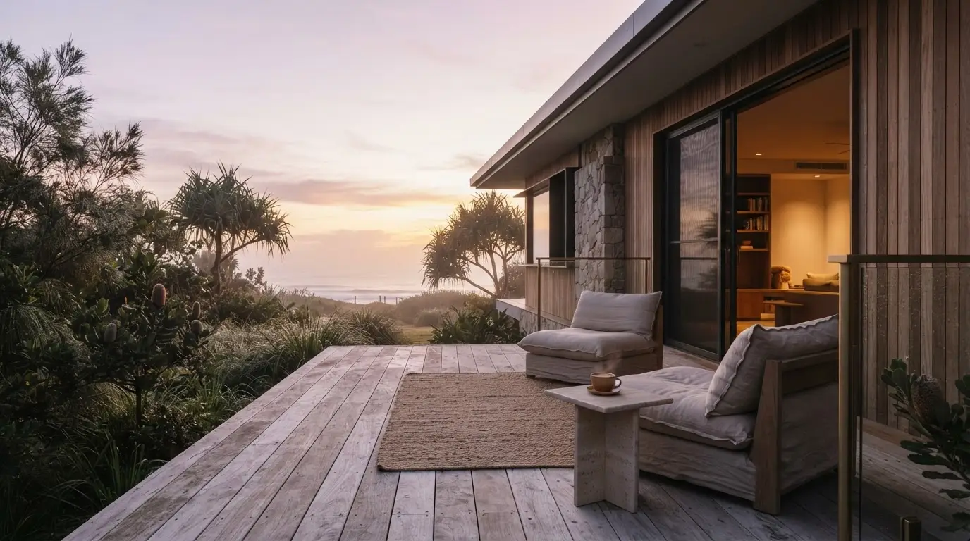 Intimate private coastal residence deck at dawn on the South East Queensland coast