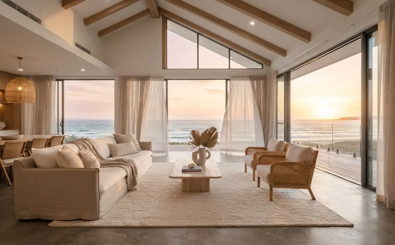 Expansive luxury living area with panoramic ocean view in a private South East Queensland residence